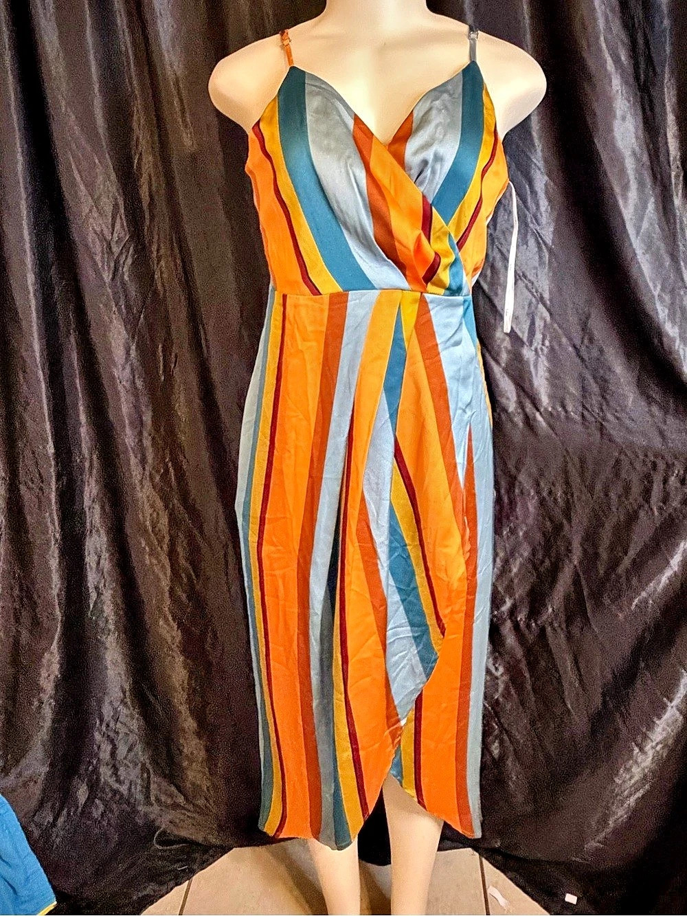 Lulus Jovi Orange Multi Striped Satin High-Low Midi Dress Size Medium